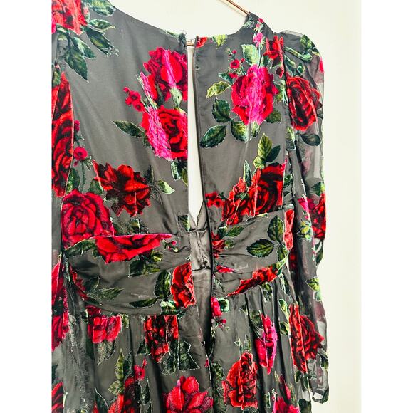 RACHEL PARCELL Black Red Floral Burnout A-Line Plunge Neckline Dress Size 0 - Picture 12 of 16